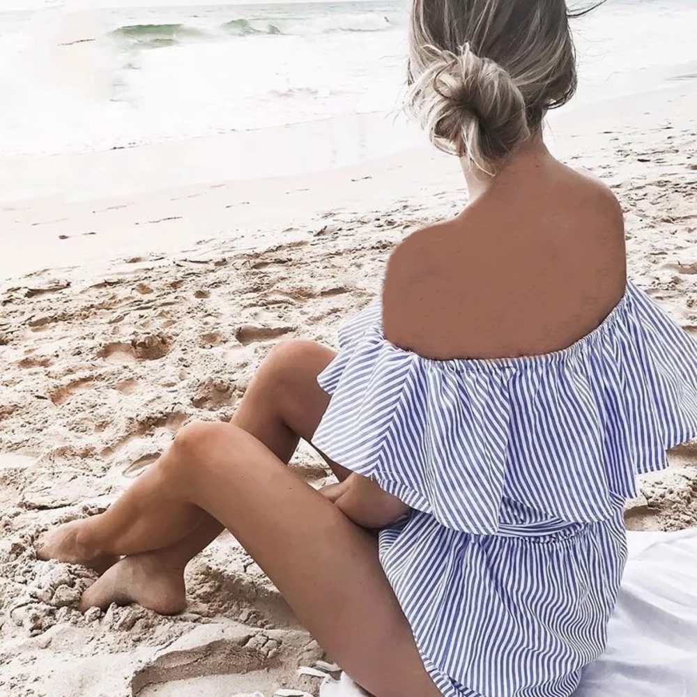 Blue Striped Off Shoulder Jumpsuit with Tie Waist - Picture 3 of 14